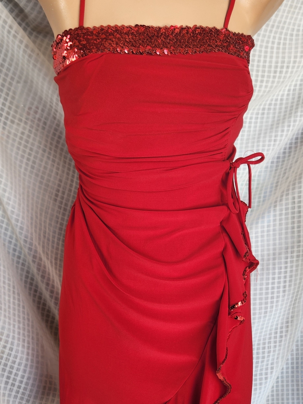 Red Sequin Trim Strapless Evening Dress